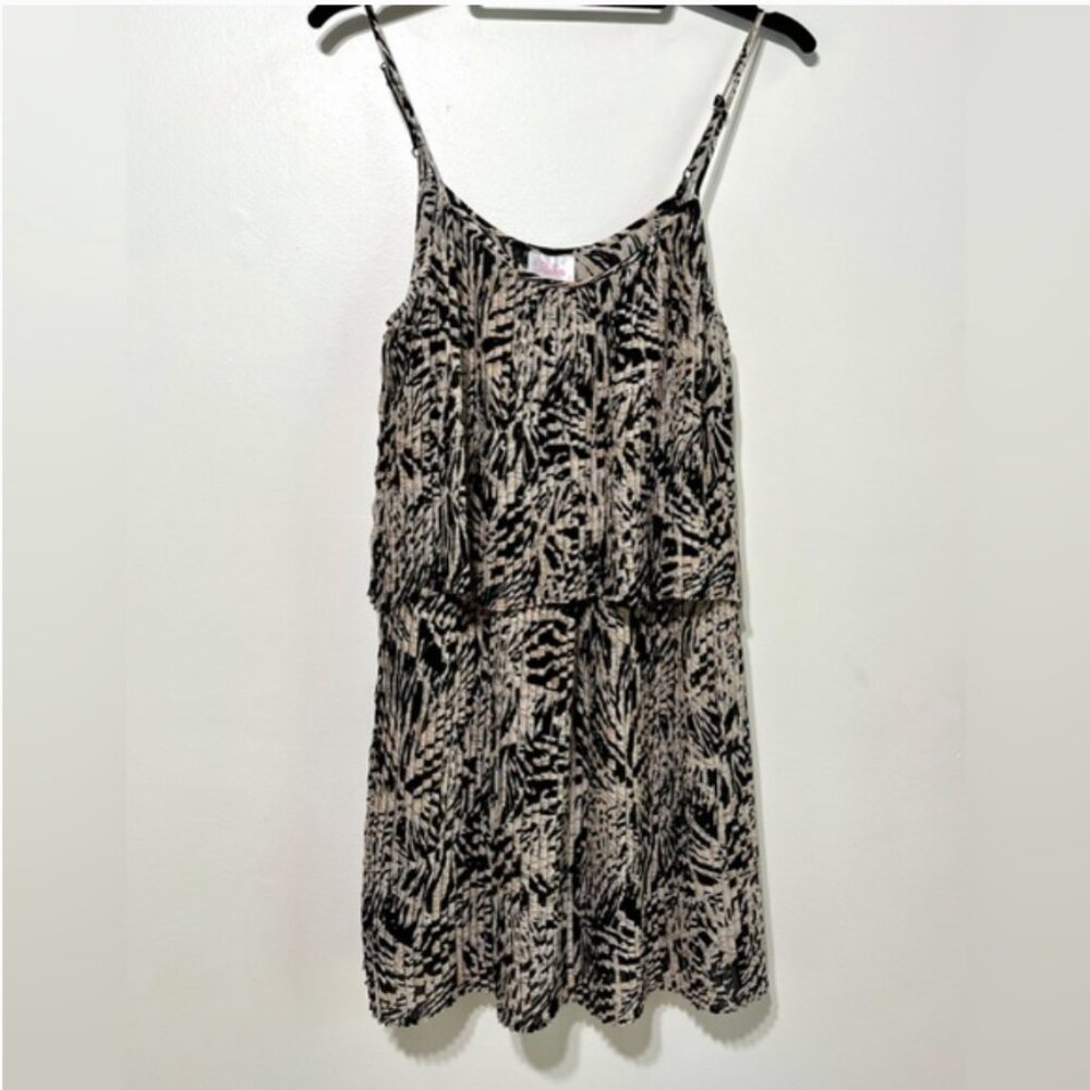 Parker Jett Mini Pleated‎ Plissé Tiered Dress in Brown and Cream Abstract Sz XS